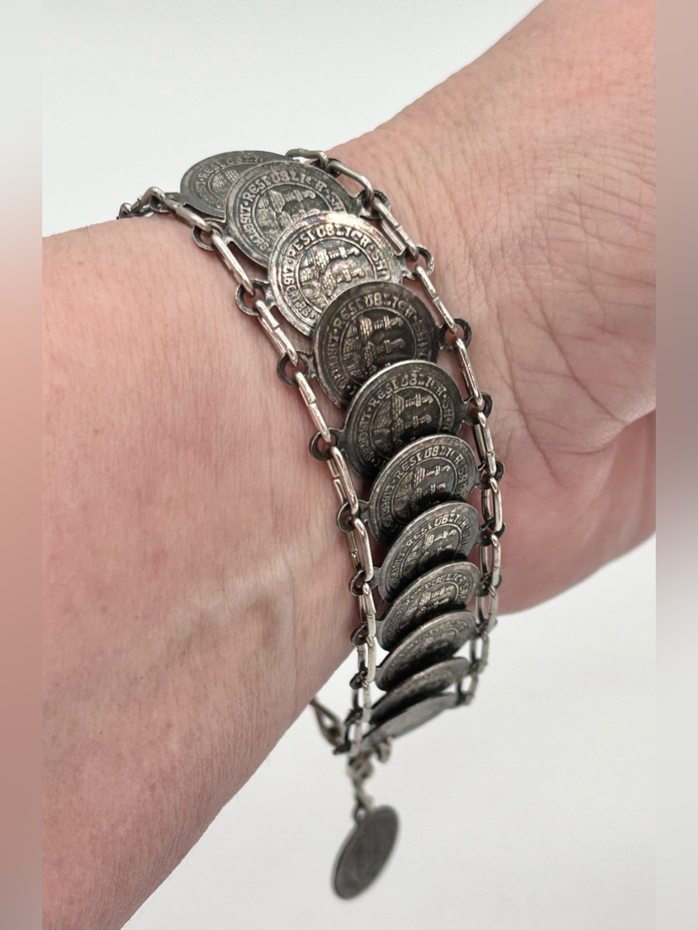Vintage Coin Bracelet French Token Medallions Silver Tone 8"